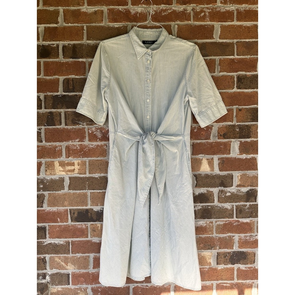 Lauren Ralph Lauren Light Jean Shirt Dress Tie Front Button Down Size 14